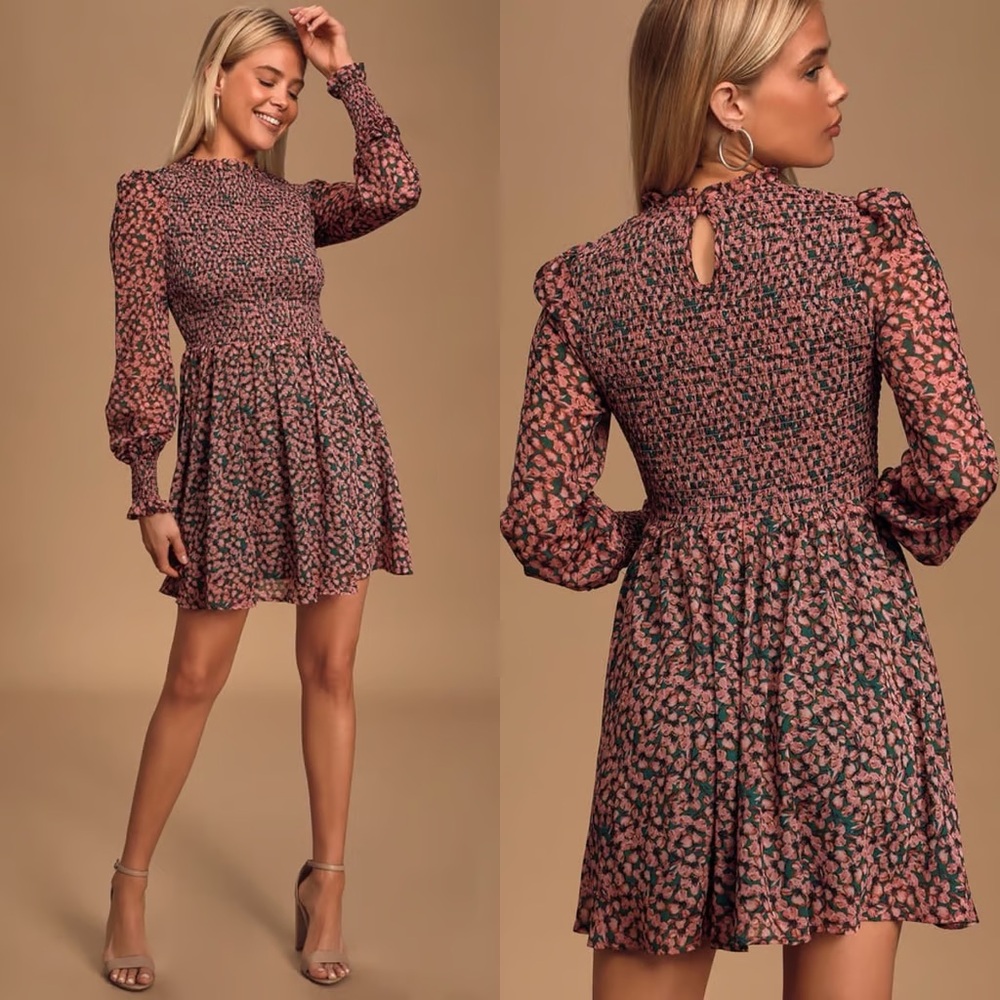 The Lulus Floral Forever Green and Pink Floral Print Smocked Dress